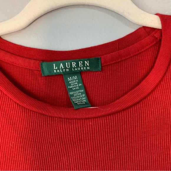 Lauren Ralph Lauren red ribbed knit long sleeve top with suede shoulder. Size M - Picture 3 of 8